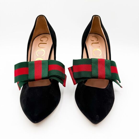 Gucci Heels Web Stripe Bow Black Suede Pumps Heels EU 37.5 US 7.5 - Picture 2 of 14
